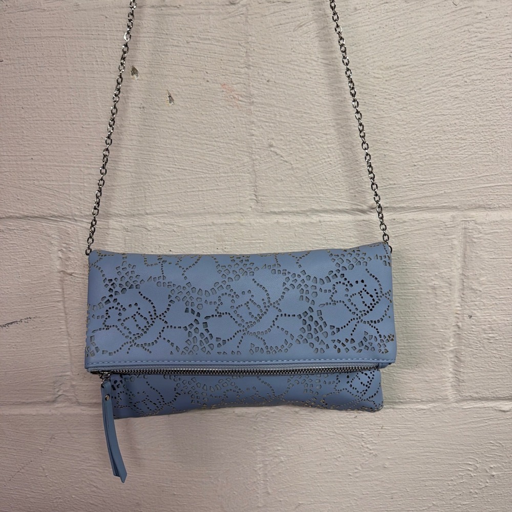 Urban Expressions Blue Laser Cut Floral Foldover Crossbody Clutch Bag Silver